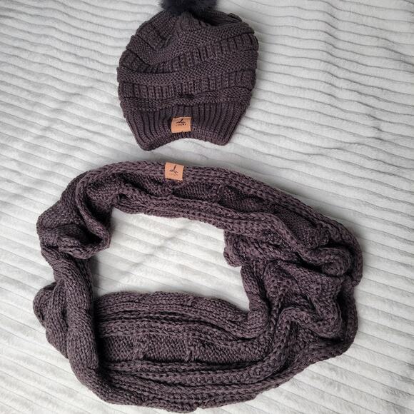 Lorome Knit Beanie Pom Hat & Infinity Scarf Set Chunky Cable Winter - Picture 2 of 3